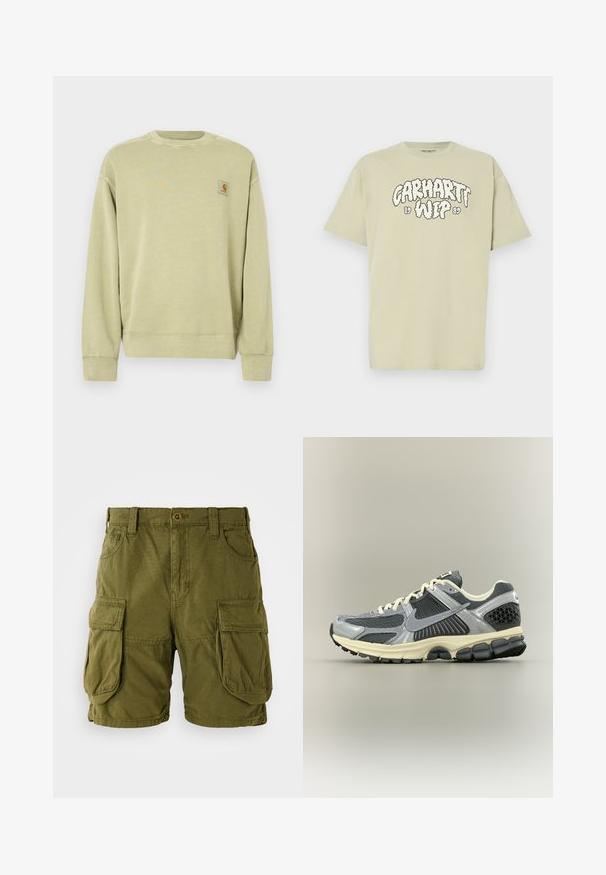 Sudadera verde claro con cuello redondo clásico, puños acanalados y un pequeño parche de logo rectangular en el pecho izquierdo. Tejido suave y texturizado.; Camiseta de algodón verde claro con corte oversized, con un estampado en negro estilo nube que dice "Carhartt WIP 1989" en el frente. Mangas cortas, cuello redondo.; Pantalones cortos cargo color verde oliva, confeccionados en una mezcla de algodón. Cuentan con dos grandes bolsillos laterales y un cierre de botón con trabillas para cinturón. Textura suave.; Zapatilla de correr Nike gris y negra con cordones blancos y suela beige, mostrada de lado sobre un fondo neutro.