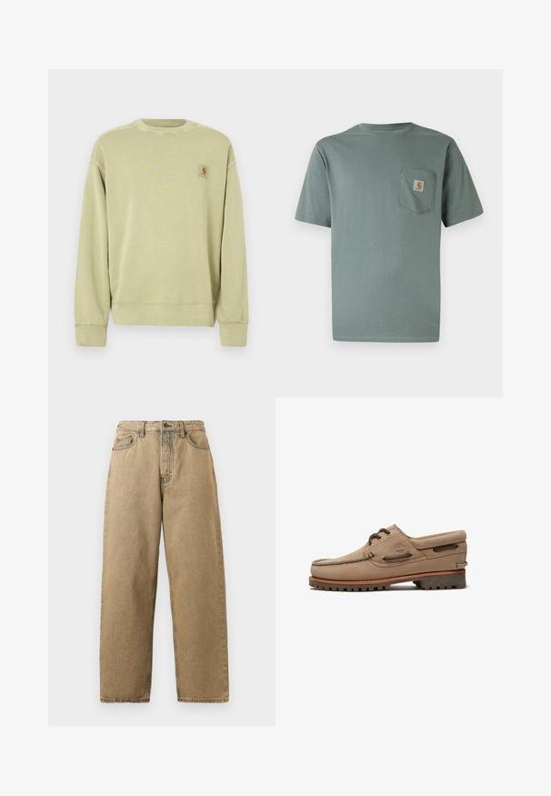 Hellgrüner Pullover mit klassischem Rundhalsausschnitt, gerippten Bündchen und einem kleinen rechteckigen Logo-Patch auf der linken Brust. Weicher, strukturierter Stoff.; Hellgrünes, kurzärmeliges T-Shirt aus Baumwolle mit einer Brusttasche, die einen Logo-Patch trägt. Weiche Textur und klassisches Rundhalsausschnitt-Design.; Beige Denim-Jeans mit geradem Bein, ausgestattet mit einem Reißverschluss, Gürtelschlaufen und kontrastierenden Nähten. Keine auffälligen Muster oder Hardware-Details.; Beiger Wildleder-Bootsschuh mit Schnürung, robusten Sohlen, Leder-Schnürsenkeln und gepolstertem Kragen, mit Timberland-Logo an der Seite.