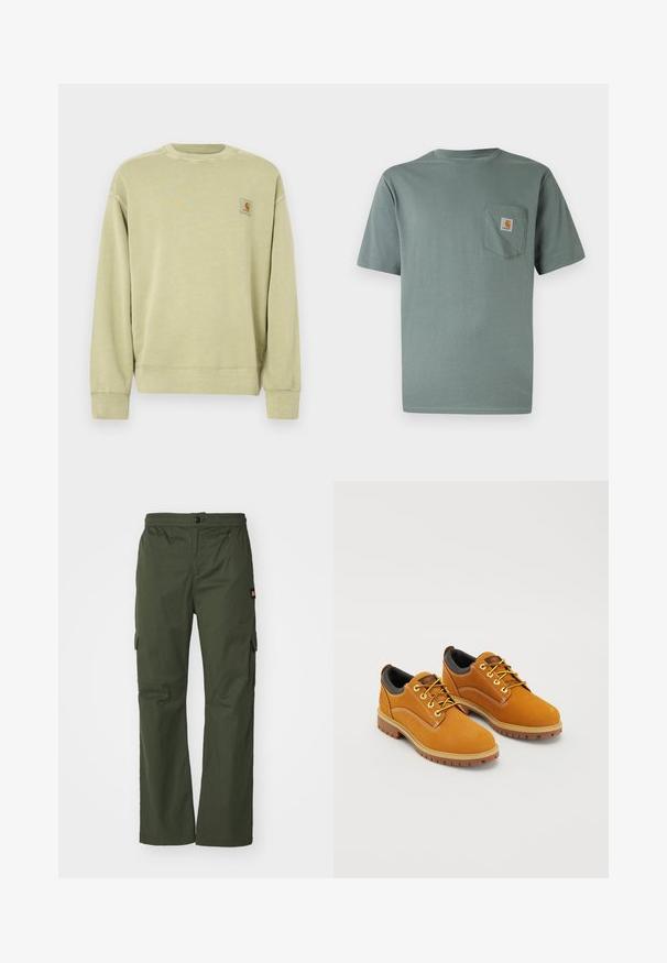 Sweatshirt vert clair avec un col rond classique, des poignets côtelés et un petit patch logo rectangulaire sur le côté gauche de la poitrine. Tissu doux et texturé.; T-shirt vert clair à manches courtes en coton avec une poche poitrine ornée d'un écusson logo. Texture douce et col rond classique.; Pantalons cargo verts olive avec fermeture à bouton, taille élastique et poches latérales, fabriqués en tissu léger avec une texture lisse.; Chaussures en daim marron avec un bout rond, des lacets jaunes, un col rembourré noir et des semelles en caoutchouc avec des rainures de traction.