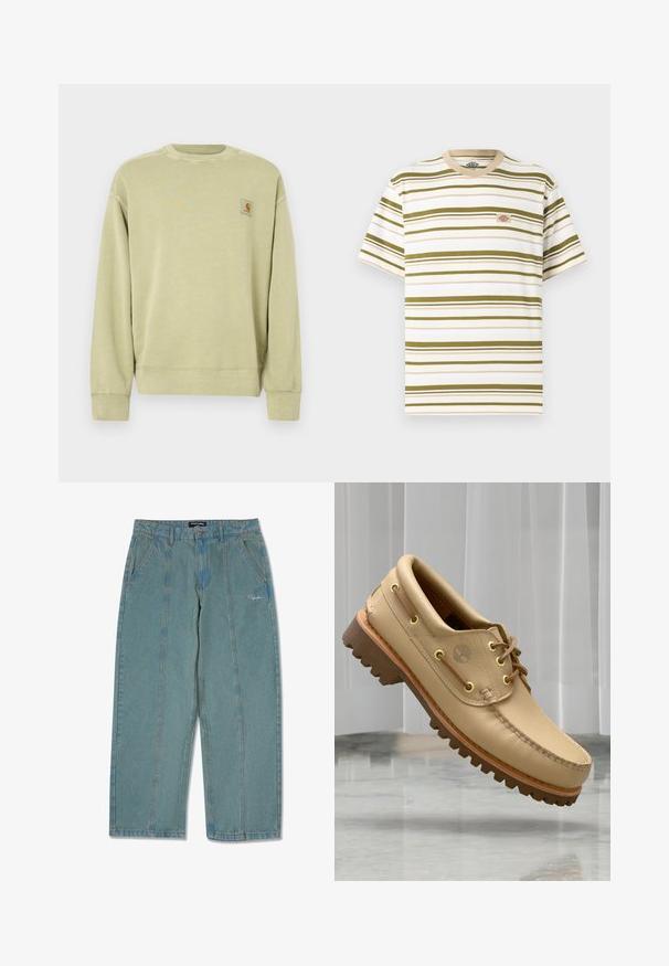 Lichtgroene sweatshirt met een klassieke ronde hals, geribbelde manchetten en een klein rechthoekig logoplaatje op de linkerborst. Zachte, gestructureerde stof.; Witte T-shirt met korte mouwen, met olijfgroene horizontale strepen en een klein rechthoekig logo op de linkerborst.; Lichtblauwe, niet-verweerde denim broek met een recht model, voorzien van voorzakken en een subtiele geborduurde logo nabij de taille.; Lichtbruine leren bootschoen met een dikke, geribbelde zool en veterdetails, zwevend boven een marmeren vloer en een achtergrond van witte verticale jaloezieën.