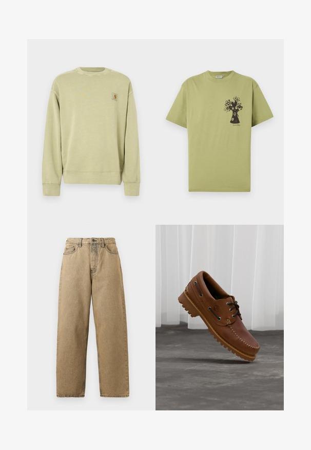 Lichtgroene sweatshirt met een klassieke ronde hals, geribbelde manchetten en een klein rechthoekig logoplaatje op de linkerborst. Zachte, gestructureerde stof.; Lichtgroen T-shirt met korte mouwen en een zwarte abstracte bloemboomgrafiek op het linkerborstgebied, met kleine tekst onder het ontwerp.; Tan denim jeans met een rechte pijpontwerp, voorzien van een rits, riemlussen en contrasterende stiksels. Geen opvallende patronen of hardwaredetails.; Bruine leren bootschoen met zwarte veters, beige stiksel en een robuuste zool, zwevend boven een grijze betonnen vloer.
