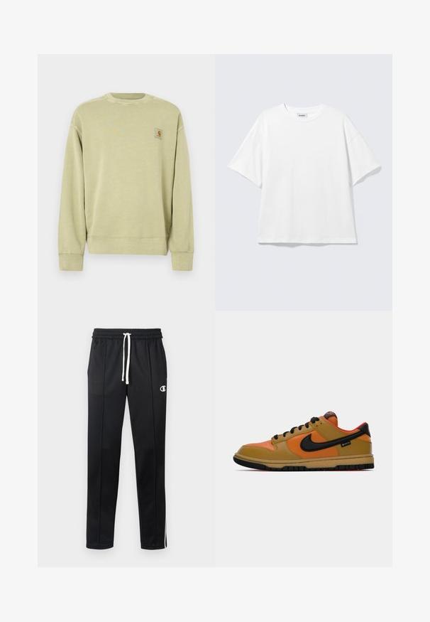 Sudadera verde claro con cuello redondo clásico, puños acanalados y un pequeño parche de logo rectangular en el pecho izquierdo. Tejido suave y texturizado.; Camiseta blanca de gran tamaño con mangas cortas, cuello redondo y hombros caídos, plana sobre fondo gris claro.; Pantalones deportivos negros con cordón blanco, rayas laterales, bolsillos frontales y un pequeño logo blanco de Champion en el muslo izquierdo.; Las zapatillas Nike presentan una combinación de materiales en tonos beige, naranja y negro, con un diseño de corte bajo, punta redonda y suela de goma. Incluyen una etiqueta GORE-TEX.