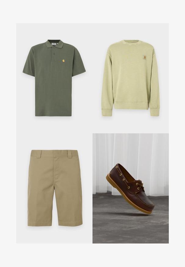 Sweatshirt vert clair avec un col rond classique, des poignets côtelés et un petit patch logo rectangulaire sur le côté gauche de la poitrine. Tissu doux et texturé.; Polo vert olive en coton, avec un col à revers, deux boutons et un petit logo jaune sur le côté gauche de la poitrine. Manches courtes.; Shorts en coton kaki avec devant plat, passants pour ceinture et deux poches latérales. Le tissu est lisse avec une finition mate et sans motifs visibles.; Chaussure bateau en cuir marron avec une semelle et des lacets couleur fauve, flottant au-dessus d'un sol en béton gris avec des rideaux blancs translucides en arrière-plan.