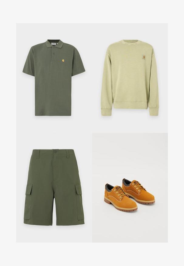 Sweatshirt vert clair avec un col rond classique, des poignets côtelés et un petit patch logo rectangulaire sur le côté gauche de la poitrine. Tissu doux et texturé.; Polo vert olive en coton, avec un col à revers, deux boutons et un petit logo jaune sur le côté gauche de la poitrine. Manches courtes.; Shorts cargo verts en tissu lisse, avec deux poches latérales, un bouton à l'avant et une ceinture plate. Design épuré et simple.; Chaussures en daim marron avec un bout rond, des lacets jaunes, un col rembourré noir et des semelles en caoutchouc avec des rainures de traction.