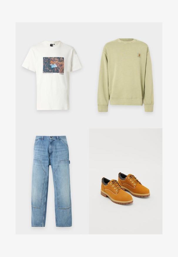 Sweatshirt vert clair avec un col rond classique, des poignets côtelés et un petit patch logo rectangulaire sur le côté gauche de la poitrine. Tissu doux et texturé.; T-shirt en coton crème avec une impression graphique rectangulaire de fleurs et d'un objet bleu sur un fond brun texturé. Étiquette noire au niveau du col.; Pantalon de charpentier en denim bleu clair avec de grandes poches plaquées à l'avant et une boucle porte-marteau sur le côté droit, coupe droite.; Chaussures en daim marron avec un bout rond, des lacets jaunes, un col rembourré noir et des semelles en caoutchouc avec des rainures de traction.