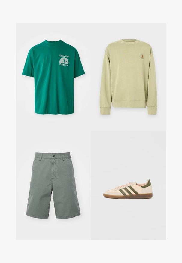 Sudadera verde claro con cuello redondo clásico, puños acanalados y un pequeño parche de logo rectangular en el pecho izquierdo. Tejido suave y texturizado.; Camiseta de algodón verde con escote redondo. Presenta un estampado gráfico en blanco que dice "Ellesse 1959 Club di Corsa" en el lado izquierdo del pecho.; Pantalones cortos de algodón verde claro con cierre de botón, trabillas para cinturón y bolsillos laterales. Presentan un corte recto y una textura ligera.; Zapatilla Adidas Spezial beige de perfil bajo con rayas verdes, suela de goma y la marca "SPEZIAL" en el lateral, vista desde el lado exterior.