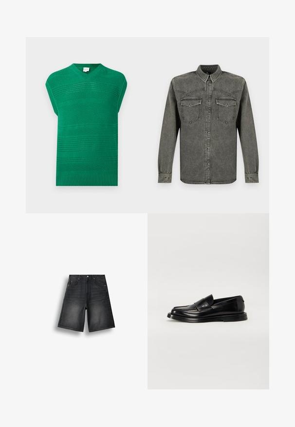 Gilet vert en tricot sans manches avec des motifs horizontaux texturés et un col en V côtelé ainsi qu'un ourlet côtelé.; Chemise en jean noire à manches longues, délavée, avec boutons sur le devant et poches poitrine à rabat, présentée sur un fond blanc.; Short en denim noir avec cinq poches, fermeture à bouton et une texture légèrement délavée sur le devant des cuisses.; The Antipode COLLEGE - Mocassins - black