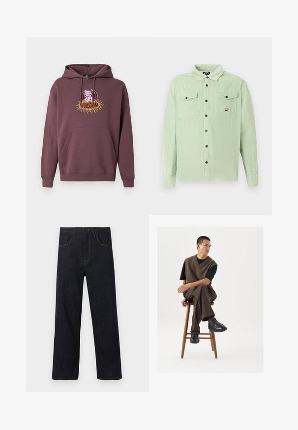 Bordeauxrode hoodie met een voorzak, voorzien van een kleurrijke bedrukte afbeelding van een personage en de tekst "Volcom." Gemaakt van zachte stof.; Lichtgroen corduroy overhemd met lange mouwen, bruine knopen en twee borstzakken met knopen, waarvan één met een klein logoplaatje.; Donkerblauwe jeans met rechte pijpen, voorzijde met knoop- en ritssluiting, voorzien van zakken en oranje contraststiksels.; Bruin gebreid vest over een zwart t-shirt, gecombineerd met bruine wijde broek en zwarte chunky schoenen, zittend op een houten kruk.