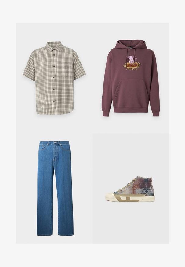 Bordeauxrode hoodie met een voorzak, voorzien van een kleurrijke bedrukte afbeelding van een personage en de tekst "Volcom." Gemaakt van zachte stof.; Korte mouwen overhemd met knopen in een lichtgroen en beige geruit patroon. Bevat een borstzak met 'obey' logo en zwarte knopen.; Lichtblauwe denim jeans met een rechte pijp. Voorzien van vijf zakken, een knoopsluiting en minimale stikseldetails.; High-top sneakers met een meerkleurig canvas bovenwerk met vervaagde patronen, beige zool en een minimalistisch ontwerp. Blootgestelde stiksels en accenten.
