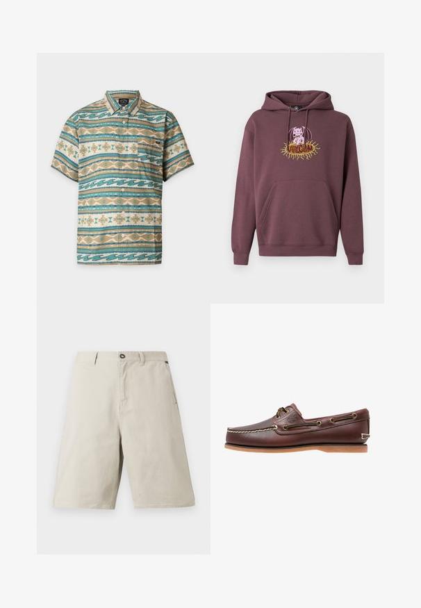 Sweat à capuche bordeaux avec une poche avant, présentant un graphisme coloré imprimé d'un personnage et le texte "Volcom". Confectionné en tissu doux.; Chemise à manches courtes boutonnée avec des rayures horizontales turquoise, beige et blanches présentant des motifs géométriques et ondulés et une poche poitrine gauche.; Shorts en tissu beige à coupe décontractée, dotés d'une fermeture à bouton, de passants pour ceinture et de poches latérales. Texture lisse avec des détails de couture subtils.; Chaussure bateau en cuir marron avec coutures blanches, détails de lacets et semelle en caoutchouc beige, vue de côté sur fond blanc.