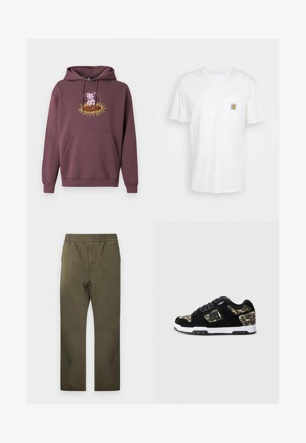 Bordeauxroter Hoodie mit einer Fronttasche, zeigt eine farbenfrohe bedruckte Grafik eines Charakters und den Text "Volcom." Hergestellt aus weichem Stoff.; Weißes Baumwoll-T-Shirt mit kurzen Ärmeln, einer Brusttasche und einem kleinen quadratischen Logopatch in Orange und Weiß auf der Tasche.; Olivgrüne, gerade geschnittene Hose mit elastischem Bund und sichtbaren Frontnahtstichen, vor weißem Hintergrund präsentiert.; Schwarze Wildledersneaker mit Camouflage-Muster an der Seite, weißer Mittelsohle und schwarzer Gummisohle. Mit Schnürsenkeln und Logodetail an der Seite.