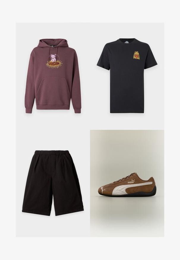 Maroon hoodie with a front pocket, features a colorful printed graphic of a character and the text "Volcom." Made of soft fabric.; Black short-sleeve t-shirt with a small yellow and red frog graphic holding a basketball on the left chest area.; Black loose-fit knee-length shorts with elastic waistband and side pockets on a light background.; Brown suede sneaker with white accents and textured design. Features a black rubber sole and prominent Puma logo on the side.