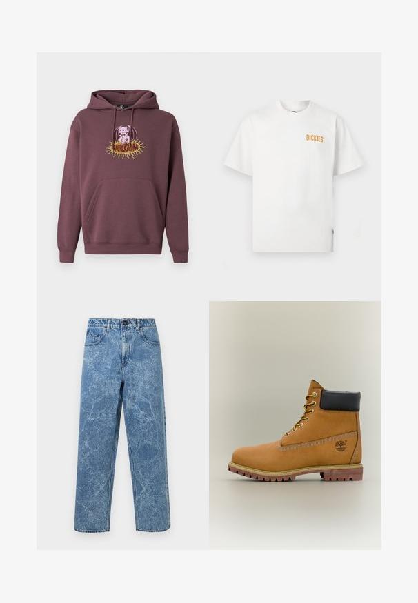 Sweat à capuche bordeaux avec une poche avant, présentant un graphisme coloré imprimé d'un personnage et le texte "Volcom". Confectionné en tissu doux.; T-shirt blanc à manches courtes avec col rond, petit logo orange "DICKIES" sur la partie supérieure gauche de la poitrine.; Jeans en denim bleu délavé avec une coupe droite, fermeture à bouton à l'avant, passants de ceinture et style à cinq poches.; Bottine en cuir marron avec col noir, lacets jaunes et semelle beige. Présente un logo et des détails de couture blanche. Semelle extérieure à traction robuste.