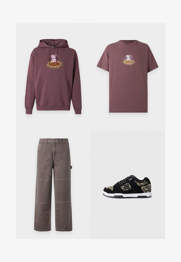 Bordeauxrode hoodie met een voorzak, voorzien van een kleurrijke bedrukte afbeelding van een personage en de tekst "Volcom." Gemaakt van zachte stof.; Donker mauve T-shirt met korte mouwen en een witte cartoon vleermuis die op een gele zon zit, met de tekst "Volcom" in het midden.; Wijd been broek in een vervaagde bruine kleur, gemaakt van duurzaam materiaal met contrasterende stiksels. Kenmerkt paneeldetails en een zijzak.; Zwarte suède sneaker met een camouflagemotief aan de zijkant, witte tussenzool en zwarte rubberen zool. Bevat veters en logo-details aan de zijkant.