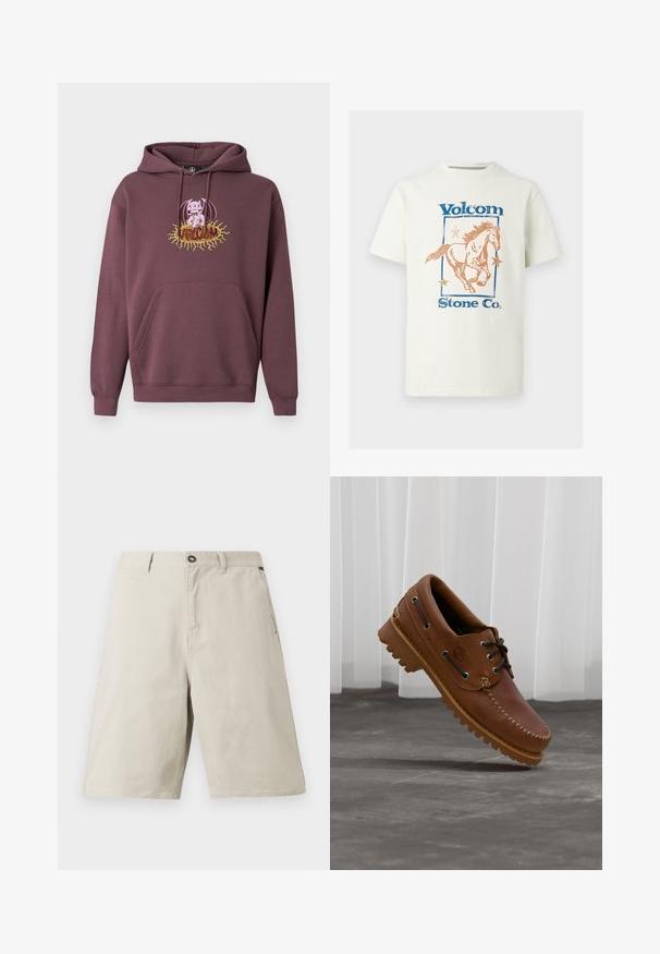 Sweat à capuche bordeaux avec une poche avant, présentant un graphisme coloré imprimé d'un personnage et le texte "Volcom". Confectionné en tissu doux.; T-shirt en coton blanc avec un graphisme d'un cheval au galop, le texte "Volcom" en bleu, et des étoiles orange dans un contour rectangulaire.; Shorts en tissu beige à coupe décontractée, dotés d'une fermeture à bouton, de passants pour ceinture et de poches latérales. Texture lisse avec des détails de couture subtils.; Chaussure de bateau en cuir marron avec des lacets noirs, des coutures beiges et une semelle robuste, suspendue au-dessus d'un sol en béton gris.