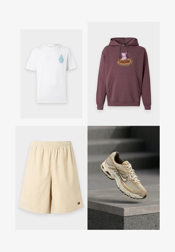 Sweat à capuche bordeaux avec une poche avant, présentant un graphisme coloré imprimé d'un personnage et le texte "Volcom". Confectionné en tissu doux.; T-shirt blanc à manches courtes avec col rond, orné d'un petit dessin d'œil bleu à l'intérieur d'une forme de goutte sur le côté gauche de la poitrine.; Shorts beige en velours côtelé avec une ceinture élastique et une étiquette cousue en bas à droite. Le tissu présente un motif texturé côtelé.; Chaussure de running Nike beige et blanche avec panneaux en mesh et swoosh noir, flottant au-dessus d'un rebord en béton avec des escaliers flous en arrière-plan.