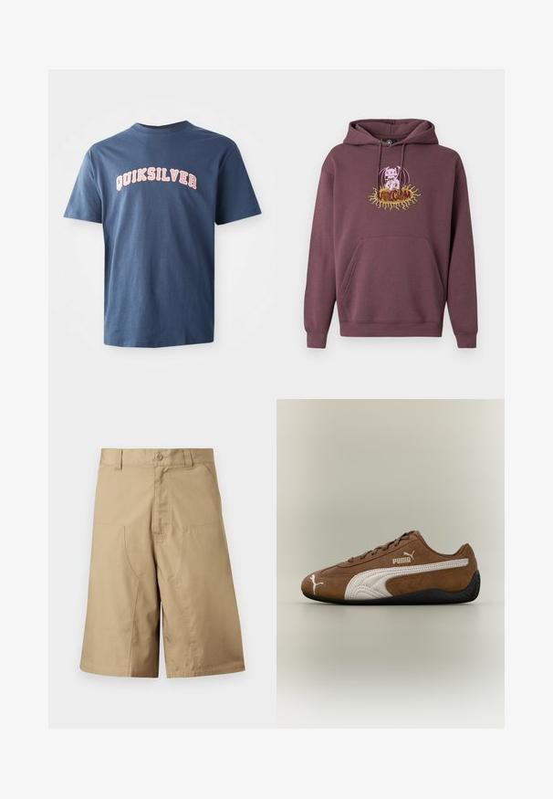 Vínová mikina s kapucňou a predným vreckom, obsahuje farebný potlačený obrázok postavy a text "Volcom." Vyrobená z mäkkej látky.; Námornícky modré tričko s krátkym rukávom s nápisom "QUIKSILVER" v bielych a ružových písmenách v štýle univerzitného písania cez hruď.; Kaki šortky s rovnakým strihom, vyrobené z ľahkej látky, vybavené dvoma prednými vreckami a zapínaním na gombík v páse.; Hnedá semišová teniska s bielymi akcentmi a textúrovaným dizajnom. Má čiernu gumovú podrážku a výrazné logo Puma na boku.