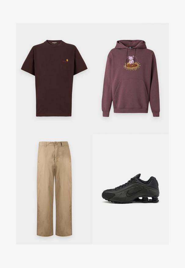Sweat à capuche bordeaux avec une poche avant, présentant un graphisme coloré imprimé d'un personnage et le texte "Volcom". Confectionné en tissu doux.; T-shirt en coton marron à manches courtes, col rond, logo sur la poitrine gauche en orange et rouge, ourlet droit et coupe décontractée.; Pantalons beige à jambes droites avec passants pour ceinture, fermeture par bouton et braguette zippée, présentés sur un fond clair uni.; Baskets de course noires avec une tige en synthétique lisse, des accents perforés, des panneaux latéraux texturés et une semelle distincte et rebondissante.