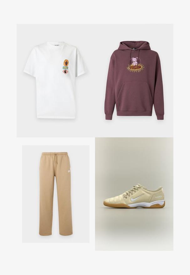 Maroon hoodie with a front pocket, features a colorful printed graphic of a character and the text "Volcom." Made of soft fabric.; White short-sleeve T-shirt with small colorful graphic patches on left chest, including grapes, text, and a stylized "C" logo.; Beige Nike sweatpants with elastic waistband, drawstring, side pockets, and white Nike logo on the left thigh.; Beige indoor soccer shoe with white Nike swoosh, gum sole, laces, and "total90 III" text on the heel, shown from the side.