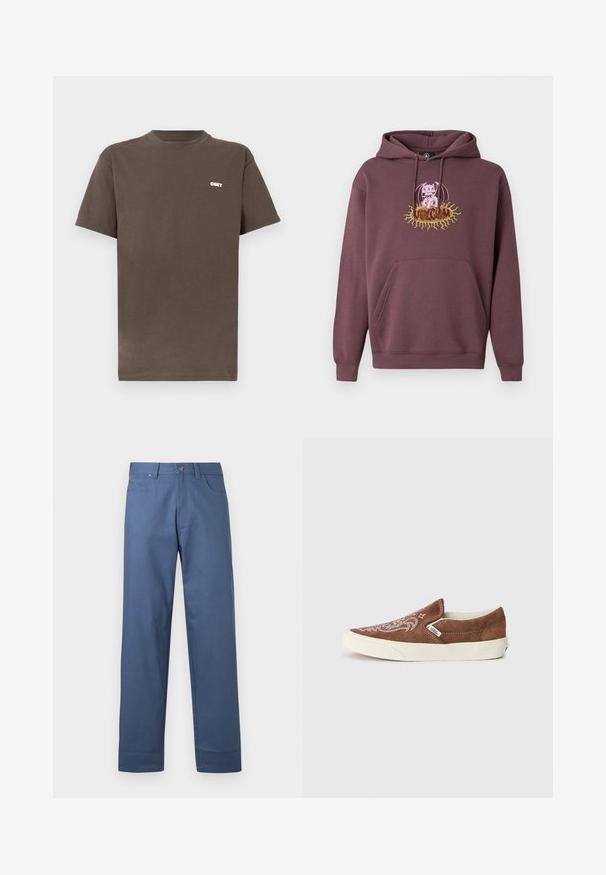Sweat à capuche bordeaux avec une poche avant, présentant un graphisme coloré imprimé d'un personnage et le texte "Volcom". Confectionné en tissu doux.; T-shirt en coton marron avec un col rond et des manches courtes. Il présente un petit logo blanc "OBEY" sur la partie supérieure gauche de la poitrine.; Pantalon en coton bleu à coupe droite, avec une fermeture à boutons sur le devant et cinq poches. Texture lisse, sans motifs apparents.; Vans CLASSIC SLIP ON UNISEX - Baskets basses - potting soil/marshmallow