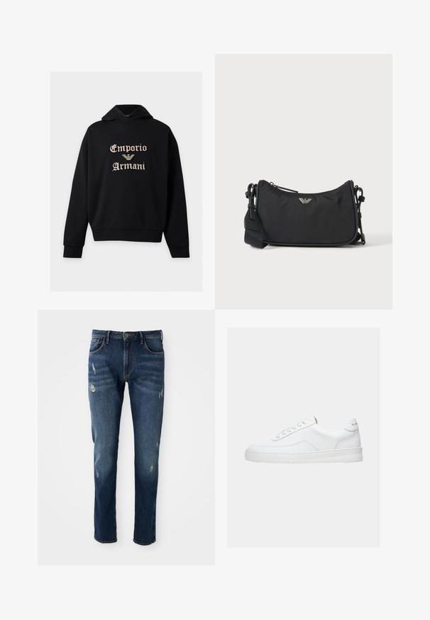 Zwarte hoodie met lange mouwen en beige geborduurde tekst en logo centraal aan de voorkant.; Donkerblauwe denim jeans met slim fit, lichte slijtage op de dijen en knieën, klassiek vijf-pocket ontwerp en knoopsluiting.; Witte lage sneaker met vetersluiting, glad leren bovenwerk en dikke zool, gezien vanuit de zijkant tegen een effen achtergrond.; Zwarte rechthoekige crossbodytas met zilveren merklogo-embleem en verstelbare band op een lichte achtergrond.