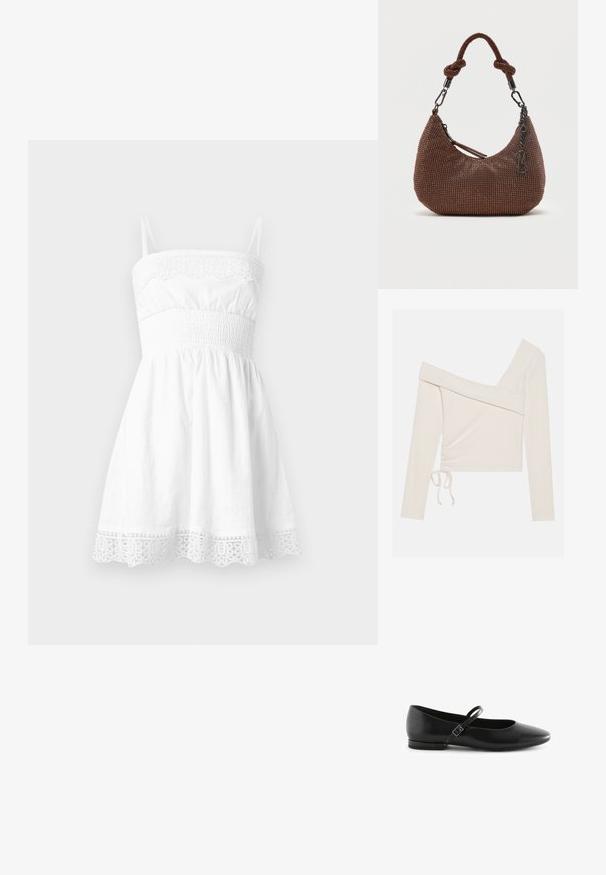 Off-the-shoulder langærmet top i ribbet elfenbenstof, med en samlet sidebinding og asymmetrisk halsdesign.; Hvid ærmeløs sommerkjole med blondekant ved kant og udskæring, tætsiddende smocktalje og tynde skulderstropper.; Sorte læder balletflade med spids tå, flad sål og en enkelt ankelrem med en rektangulær spænde. Glat tekstur hele vejen igennem.; Lille halvmåneformet brun perlet håndtaske med knyttet håndtag, lynlås-lukning og hængende metal-logo charm.