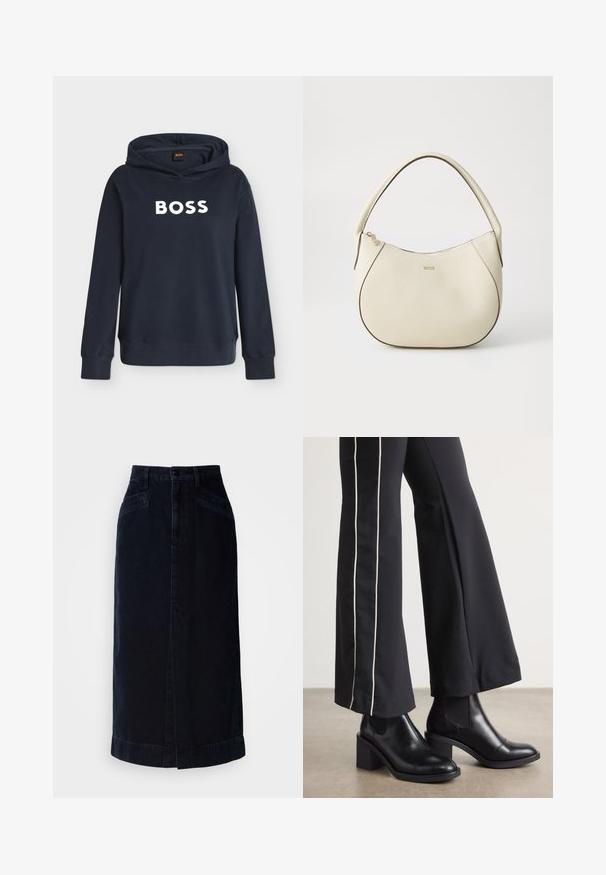 Dunkel marineblauer Hoodie mit Kapuze und langen Ärmeln, mit dem Wort "BOSS" in großen weißen Buchstaben quer über der Brust.; Dunkelblaue Denim-Midikleid mit hoher Taille, vorderem Knopfverschluss und seitlichen Taschen; hat einen geraden Schnitt und dezente Saumdetails.; Schwarze Lederstiefeletten mit einem Blockabsatz, ausgestattet mit elastischen seitlichen Einsätzen. Kombiniert mit schwarzen Hosen, die einen weißen Seitenstreifen haben.; Cremfarbener Handtasche mit strukturiertem Finish, gebogener Form, kurzem Griff und Logo-Detail in Gold. Reißverschlussverschluss oben.