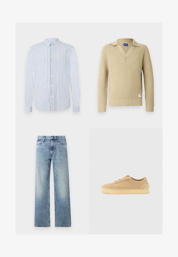 Beige strikket sweater med V-hals og ribbet tekstur. Har en foldet krave. Inkluderer et lille mærke med brand på nederste venstre side.; Stribet skjorte med lodrette lyseblå og hvide striber, knaplukning foran og en enkelt brystlomme. Lange ærmer med knapmanchetter.; Lyseblå denim jeans med lige ben, højt talje, fem lommer, knaplukning og diskrete falmede områder på lår og knæ.; Beige ruskind lavtop-sneaker med tyk gummsål, snørebånd foran og diskret branding på siden på en ensartet lys grå baggrund.