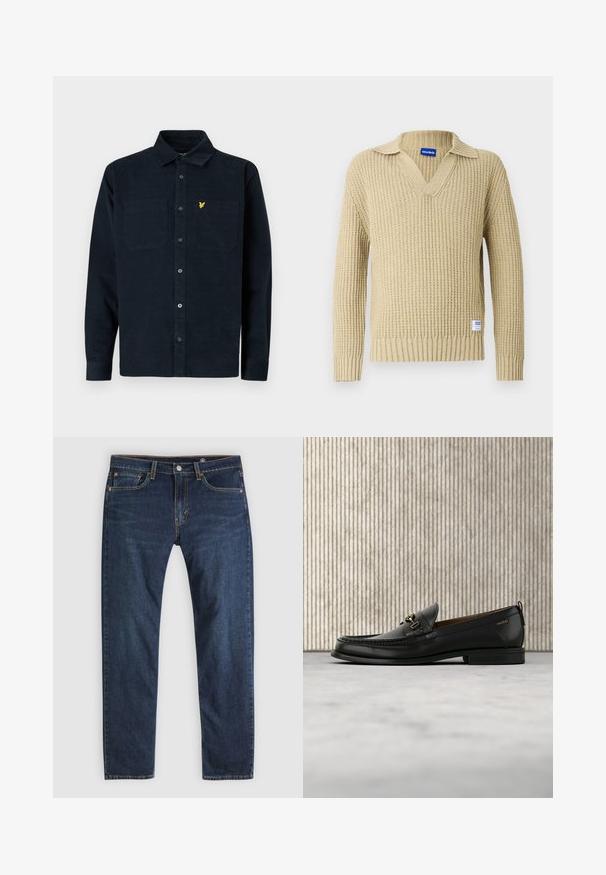 Beige gebreide trui met een V-hals en een geribbelde textuur. Heeft een omgeslagen kraag. Voorzien van een klein merkembleem linksonder.; Donkerblauwe corduroy shirt met een knoopsluiting, twee borstzakken en een klein geel logo op de linkse zak.; Donkerblauwe rechte spijkerbroek met vijf zakken, koperen klinknagels, lussen voor een riem en een knoopsluiting op een lichte achtergrond.; Zwarte leren loafer met gouden metalen gesp en "HUGO" branding, weergegeven tegen een beige tapijt en bruin doorschijnend meubilair.