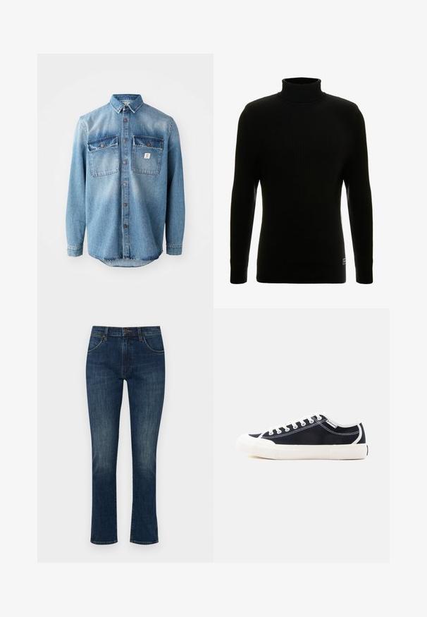 Pull à col roulé noir avec des manches longues, texture côtelée, silhouette ajustée et petite étiquette de marque en bas à gauche.; Chemise en denim bleu clair à manches longues, avec deux poches sur la poitrine, fermeture à boutons à l'avant et des dessus de poche plus foncés en contraste. Présente un ourlet arrondi.; Jean en denim bleu foncé avec une coupe slim et une jambe droite. Comprend cinq poches et une fermeture à bouton. Légère décoloration sur les cuisses.; Baskets basses en toile noire avec semelle en caoutchouc blanche, embout, lacets et coutures, vues de côté sur un fond uni.