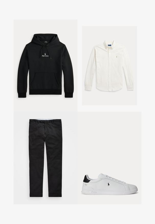 Schwarzer Ralph Lauren Hoodie mit vorderer Kängurutasche, Kordelzugkapuze und weißem gesticktem Logo sowie Text auf der Brust.; Weißes langärmeliges Hemd mit Knopfleiste und Kragen, mit Polo Ralph Lauren-Logo auf der linken Brustseite bestickt.; Schwarze Chinos mit geradem Bein, aus einem Baumwollmischgewebe, mit Reißverschluss, Gürtelschlaufen und Seitentaschen. Glatte Textur.; Weißer Sneaker mit niedrigem Schaft, schwarzem Fersenlasche, Schnürsenkeln und Polo Ralph Lauren Logo an der Seite, mit geprägten Sohlen-Details.