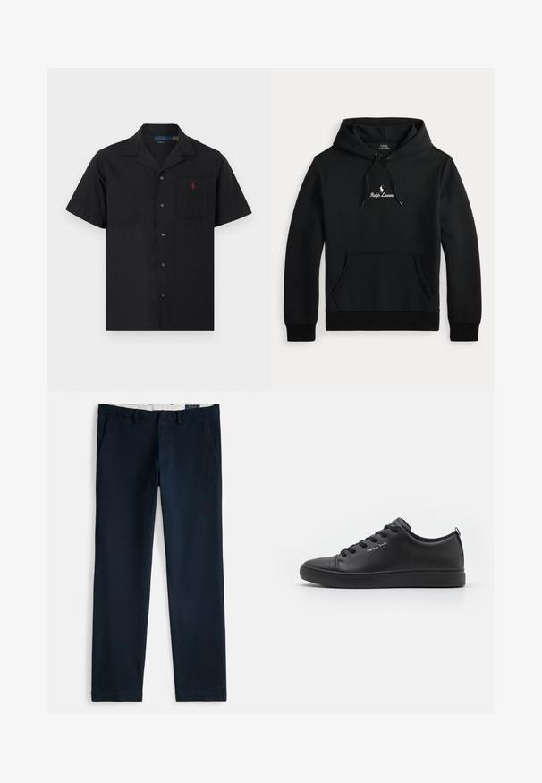 Μαύρο hoodie Ralph Lauren με μπροστινή τσέπη καγκουρό, κουκούλα με κορδόνι και λευκό κεντημένο λογότυπο και κείμενο στο στήθος.; Μαύρο πουκάμισο με κοντά μανίκια και κουμπιά, με γιακά με εγκοπή και τσέπη στο στήθος που φέρει μικρό κόκκινο κεντητό λογότυπο.; Μπλε σκούρο chinos με ευθεία γραμμή στα πόδια, διαθέτουν λοξά εμπρόσθια τσέπες, θηλιές για ζώνη και λευκή εσωτερική φόδρα.; Μαύρο δερμάτινο αθλητικό παπούτσι με λεία υφή, στρογγυλή μύτη, επίπεδη ελαστική σόλα και αντιθετικά λογότυπα στις πλευρές και στη φτέρνα.