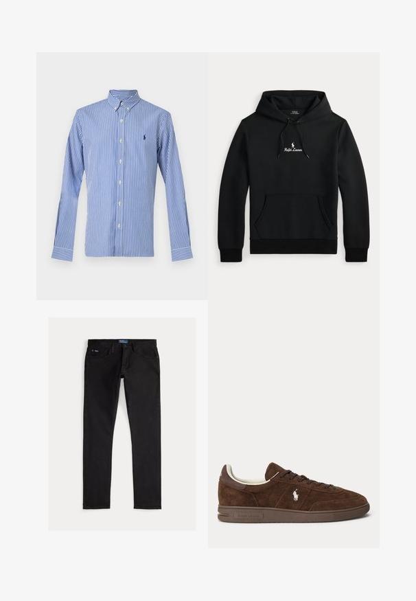 Sort Ralph Lauren hoodie med frontlomme, snørrestræk i hætten og hvid broderet logo og tekst på brystet.; Blå og hvide, lodrette stribede, langærmede skjorte med knapper og knappet krave samt en lille marineblå broderet logo på venstre bryst.; Sorte denimjeans med slim pasform, der har fem lommer, bæltestropper og et blåt mærke på linningen. Glat, holdbart stof.; Brun ruskind lavskaftet sneaker med mørkebrun sål, snørebånd og hvidt broderet Polo-logo på siden.