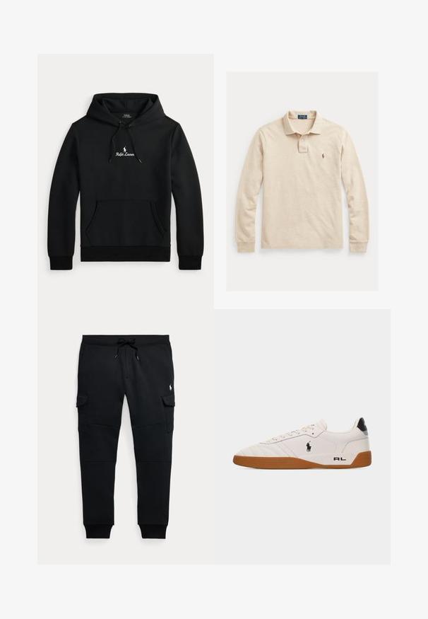 Zwarte Ralph Lauren hoodie met voorste kangoeroe zak, een capuchon met trekkoord en een witte geborduurde logo en tekst op de borst.; Beige poloshirt met lange mouwen, gemaakt van katoen, voorzien van een drieknoopsluiting, geribbelde manchetten en een klein geborduurd logo op de borst.; Zwarte cargo joggerbroek met trekkoord in de taille, zijzakken met klep, geribde boorden en een klein wit polo speler logo op het rechterdijbeen.; Witte lage sneaker met een bruine rubberen zool, zwart Polo Ralph Lauren-logo aan de zijkant en de tekst "RL" op het hielgedeelte.