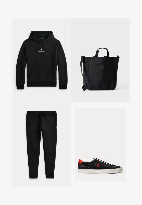 Schwarzer Ralph Lauren Hoodie mit vorderer Kängurutasche, Kordelzugkapuze und weißem gesticktem Logo sowie Text auf der Brust.; Schwarze Jogginghose mit umgeschlagenen Bündchen, Tunnelzug in der Taille, Seitentaschen und kleinem weißen Polo-Spieler-Logo am rechten Oberschenkel.; Schwarze Wildleder-Sneaker mit weißen Schnürsenkeln, roten Akzenten an der Ferse und einem kleinen roten Logo. Sie verfügen über eine flache Gummisohle und einfache Nähte.; Schwarze Tote-Tasche mit oberen Griffen, einem verstellbaren Schultergurt und einem dezenten, bestickten Logo in der vorderen Mitte.