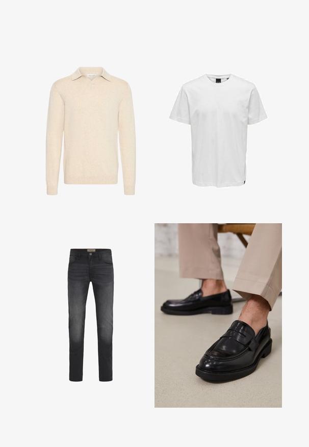 Beige pullover sweater med polokrave, lange ærmer, ribbede manchetter og kant, lavet af blødt teksturstof. Enkel design uden mønstre.; Hvid bomulds T-shirt med korte ærmer, rund halsudskæring, afslappet pasform og uden mønstre. Har et lille logo accent nær sømmen.; Mørk denimjeans med slim fit, der har en knaplukning, fem lommer og en let falmende effekt på lårene.; Sorte lædermokkasiner med en glat overflade, der har en dekorativ rem og kontraststing, parret med beige bukser.