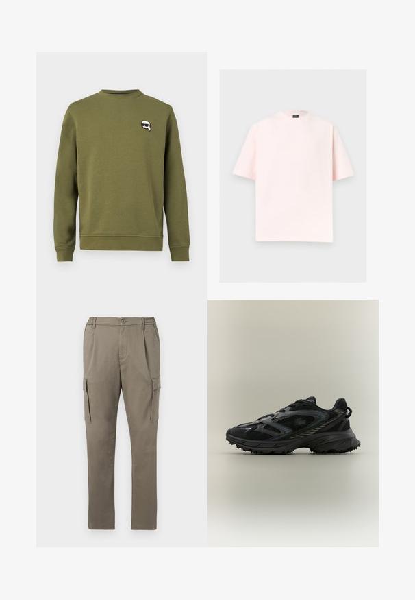 Olivgrünes Sweatshirt mit langen Ärmeln und Rundhalsausschnitt, mit einem kleinen schwarz-weißen Logo-Patch eines Gesichts mit Sonnenbrille auf der oberen linken Brust.; Hellrosa T-Shirt mit kurzen Ärmeln und Rundhalsausschnitt, geradem Saum, vor einem einfarbigen hellgrauen Hintergrund präsentiert.; Beige Herren-Cargohosen mit elastischem Bund, Knopfverschluss, seitlichen Klappentaschen und geradem Bein.; Schwarzer Sportschuh mit Netz панели, einer strukturierten Sohle, Schnürsenkeln und einer geschwungenen Silhouette mit silbernen Akzenten an den Seiten.