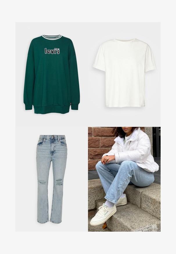Zelená mikina s dlhými rukávmi, s rebrovaným okrúhlym výstrihom v bielej a čiernej farbe. Vyšité logo "levi's" na hrudi. Mäkko texturovaná tkanina.; Biela tričko s krátkym rukávom vyrobené z jemnej, ľahkej tkaniny. Má okrúhly výstrih a voľný strih, s prešitými okrajmi a bez viditeľných vzorov.; GAP LOOSE CHRISTY - Džínsy voľného strihu - light wash; Biely nafukovací kabát s vysokým golierom, svetlo modré džínsy a biele tenisky Reebok. V pozadí sú štruktúrované kamenné schody.