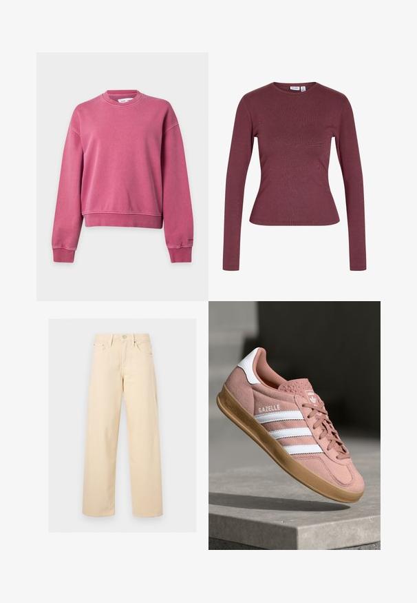 Sudadera rosa con cuello redondo, mangas largas, puños y bajo acanalados, mostrada sobre un fondo gris claro liso.; Top ajustado de manga larga en color malva oscuro sólido con cuello redondo y sin dibujos ni adornos.; Pantalones beige de pierna recta con botón y cremallera delanteros, trabillas para cinturón y diseño de cinco bolsillos sobre un fondo liso y claro.; Zapatilla de ante rosa con rayas blancas, suela de goma, upper texturizado y logo en la lengua. Diseño clásico de corte bajo.