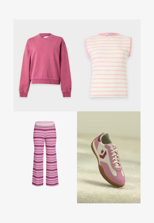 Roze sweater met ronde hals, lange mouwen, geribde manchetten en zoom, getoond tegen een effen lichtgrijze achtergrond.; Mouwloos geribd gebreid top met crème en roze strepen en roze bies rond de hals en armsgaten.; Gebreide broek met horizontale strepen in tinten roze, paars en wit, met een geribde elastische tailleband en wijde pijpen.; Roze en witte sneaker met rubberen, gestructureerde zool. Bevat een sterlogo en contrasterende accenten. Glad bovenwerk met vetersluiting.