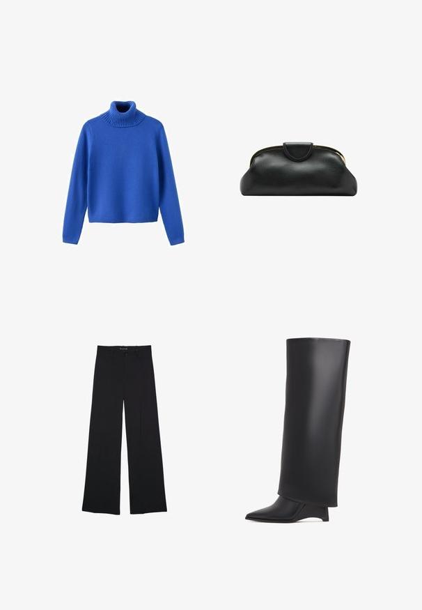 Blå turtleneck sweater lavet af blødt strikstof. Har en ribbet krave, lange ærmer og en cropped kant for en moderne pasform.; Sorte bukser med vide ben med knap- og lynlåslukning, bæltestropper og en glat, skræddersyet finish.; Sort knælang støvle lavet af glat læder, med spids tå og trekantet hæl. Designet med en strømlinet, glat overdel.; Sort læderclutch med guldfarvet metalramme og tryklukning på hvid baggrund.