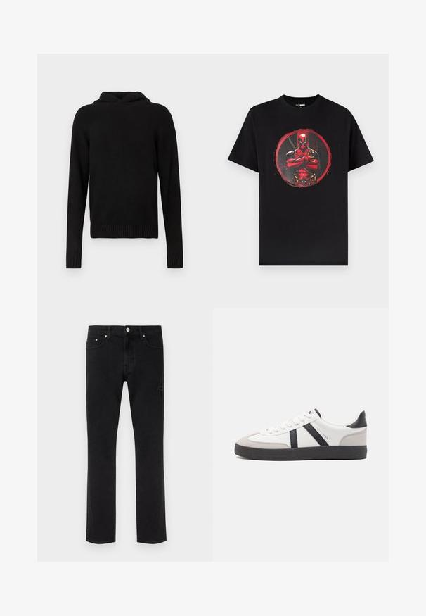 Haut de sweat à capuche noir en tissu doux. Il possède une coupe décontractée, des manches longues, des poignets côtelés et un design simple de couleur unie.; T-shirt en coton noir avec un imprimé graphique d'un personnage masqué en rouge et noir, centré dans un accent circulaire rouge.; Jeans noirs à jambes droites avec cinq poches et des détails délicatement usés sur un fond clair uni.; Baskets blanches avec des accents noirs et gris, présentant un embout texturé gris, une semelle en caoutchouc noir et des lacets plats blancs. Design épuré, style minimaliste.