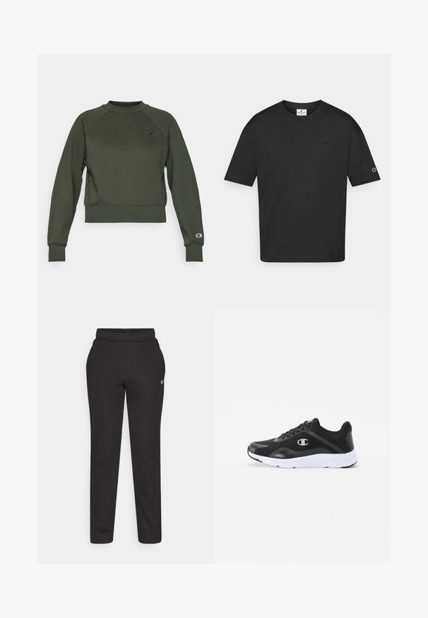 Sudadera corta de color verde oscuro hecha de una mezcla de algodón; cuenta con cuello, puños y dobladillo acanalados; parche con el logo en el lado izquierdo del pecho y en la manga derecha.; Camiseta de algodón negro con cuello redondo, mangas cortas y un pequeño logo bordado en el pecho y la manga. Textura suave, ajuste casual.; Pantalones deportivos negros hechos de una tela suave, con una cintura elástica, piernas rectas y un pequeño logo en el costado.; Zapatillas deportivas negras con parte superior de malla, suela de goma blanca y logo en tono en el lado. Con cordones y un collar acolchado para mayor soporte.