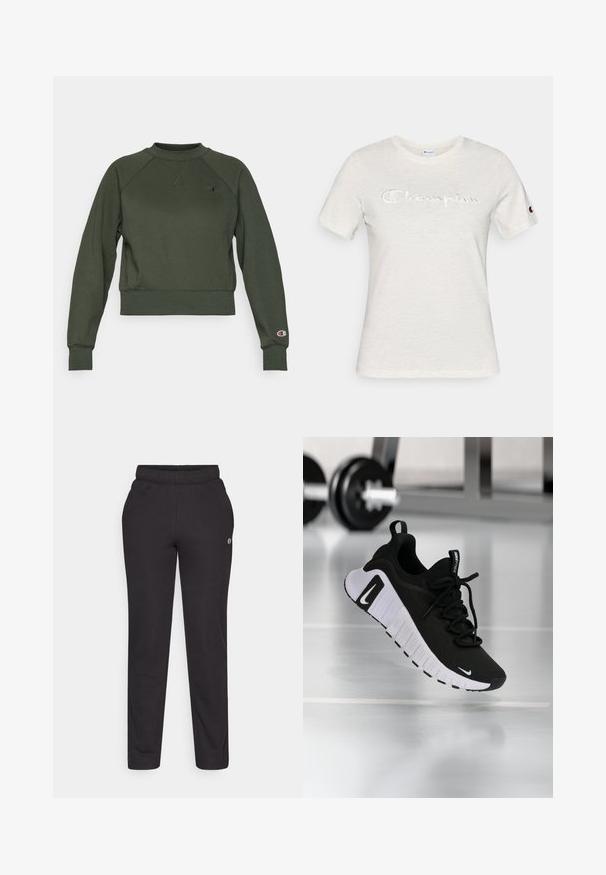 Mørkegrøn, kort sweatshirt lavet af bomuldsblanding; har ribbet krave, manchetter og nederste kant; logo-patch på venstre bryst og højre ærme.; Hvid bomulds t-shirt med korte ærmer, rund hals og broderet "Champion"-logo i en kontrasterende tekstur på fronten.; Sorte sweatpants lavet af blødt stof, med elastisk talje, lige ben og et lille logo på siden.; Sort atletiksko med en tekstureret stofoverdel, hvid sål og fremtrædende snøresystem. Indeholder en Nike-logo og et blødt, polstret design.
