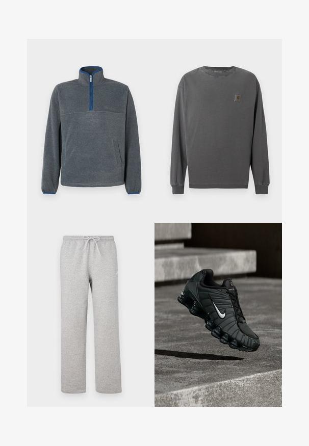 Grauer Fleece-Pullover mit einem halbseitigen Reißverschlusskragen, blauen Akzenten an Reißverschluss und Bündchen sowie einer Fronttasche. Weiche Textur, lockere Passform.; Langärmeliges Hemd aus dunkelgrauer Baumwolle. Mit rundem Ausschnitt, elastischen Bündchen und kleinem quadratischem Logo-Patch auf der linken Brust.; Graue Jogginghosen mit einem elastischen Bund und Kordelzug. Hergestellt aus weichem Stoff, zeichnen sie sich durch gerade Beine und ein dezentes Logodetail aus.; Nike Sportschuh in Dunkelgrün, mit einer glatten synthetischen Oberseite, Mesh-Struktur, schwarzen Schnürsenkeln und einer glänzenden Sohle mit Luftpolsterung.