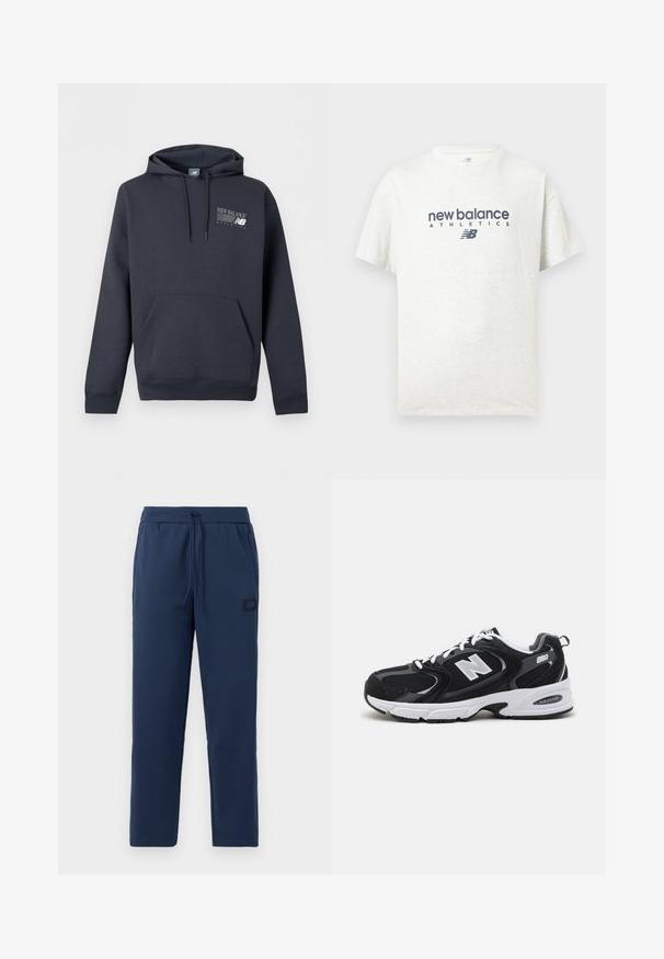 Dunkel marineblauer Hoodie mit Fronttasche, Kordelzug und weißem "New Balance Athletics" Logo auf der linken Brust.; Weißes T-Shirt mit kurzen Ärmeln und Rundhalsausschnitt, vorne in der Mitte mit "new balance ATHLETICS" und dem "NB"-Logo in Dunkelblau bedruckt.; Navyblaue Jogginghosen aus einem weichen Baumwollmix, mit einem elastischen Bund und Kordelzug sowie einem kleinen Markenpatch an der Hüfte.; Schwarze und graue Sportschuhe mit Obermaterial aus Mesh und Wildleder, ausgestattet mit einer weißen Zwischensohle, Schnürsenkeln und einem markanten "N"-Logo an der Seite.