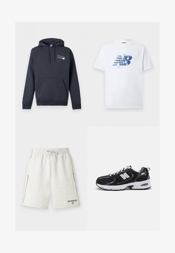 Sweat à capuche bleu marine foncé avec poche avant, cordons et logo blanc "New Balance Athletics" sur la poitrine gauche.; T-shirt blanc à manches courtes avec un logo "NB" stylisé en bleu entouré de gouttes d'eau sur la poitrine.; Shorts de sport gris clair avec taille élastique, cordon de serrage, poches latérales, liseré bleu marine et logo « new balance athletics » sur la jambe gauche.; Baskets de sport noires et grises avec un tige en mesh et en suède, présentant une semelle intermédiaire blanche, des lacets et un logo "N" audacieux sur le côté.