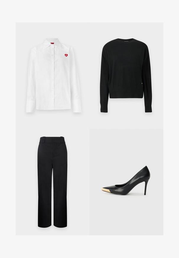 Pull noir en maille avec manches longues, encolure ronde, ourlet et poignets côtelés, arborant un détail de branding subtil en or sur le côté inférieur.; Chemise blanche à boutons avec manches longues, col classique et logo en forme de cœur rouge sur la poitrine gauche. Texture lisse et coupe ajustée.; Pantalon noir taille haute, jambes droites, avec larges passants de ceinture et fermeture avant dissimulée sur un fond clair.; Pompe à talon haut en cuir noir avec bout pointu ; présente une accentuation métallique dorée sur le capuchon. Surface lisse avec un design épuré.