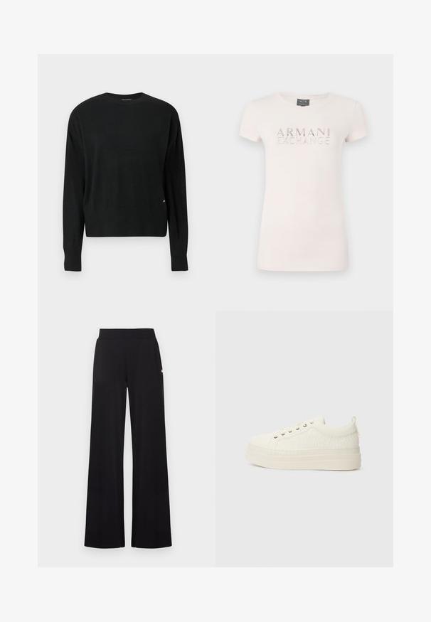 Zwarte gebreide trui met lange mouwen, ronde hals, geribde zoom en manchetten, met subtiel goudkleurig merkembleem aan de onderzijde.; Lichtroze T-shirt met korte mouwen, voorzien van een verhoogd logo "ARMANI EXCHANGE" in metallic accenten. Zachte stof, klassieke ronde halslijn, getailleerde pasvorm.; Zwarte broek met brede pijpen en een aansluitende tailleband, gemaakt van een gladde stof. Voorzien van subtiele zijzakken en minimale metalen details.; Witte sneakers met een gestructureerde bovenkant, platte zool, ronde neus en een klein trekloopje aan de hiel. Voorzien van metalen veterogen.