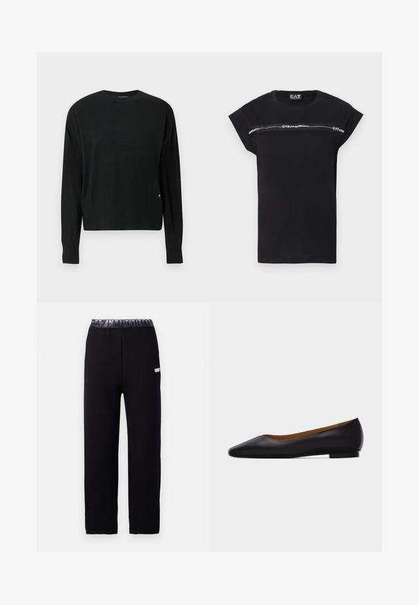 Sort strikket sweater med lange ærmer, rund halsudskæring, ribbet kant og manchetter, med diskret branding i guld på den nederste side.; Sort t-shirt med korte opkrullede ærmer og et horisontalt gråt logobånd tværs over brystet. Fremstillet af blødt bomuldsmateriale.; Sorte joggingbukser med en glat, blød tekstur, der har en elastisk talje med et logo og detaljer i siden. Lige ben design.; Sort læder flad sko med spids tå, lav hæl og glat finish, vist fra siden på en lysegrå baggrund.